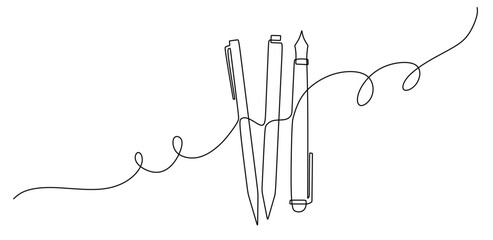 continuous line art of stationery including pens and pencils