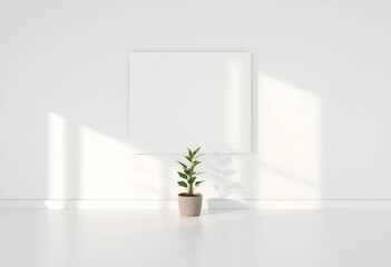 White minimalist room, blank canvas casts soft shadows, small potted plant,  pot,  plant