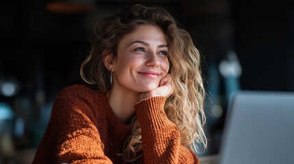 Joyful Young Woman Smiling While Working On Laptop At Modern Desk In Bright Cozy Office Interior