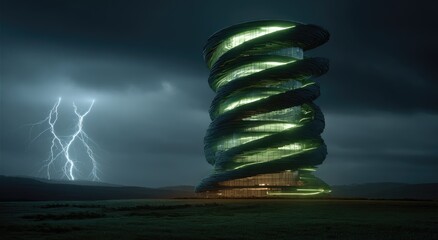 Futuristic, spiral tower in a stormy night