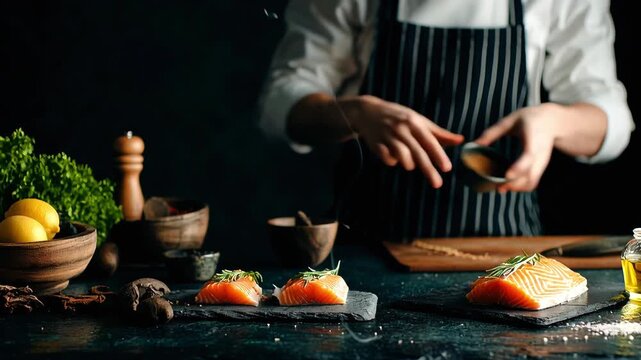 Footage of a professional chef skillfully preparing fresh salmon.
