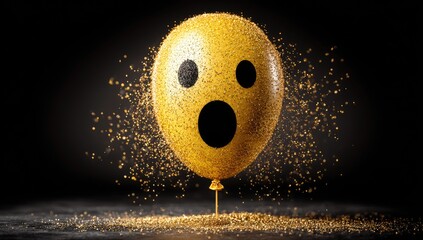 A golden balloon with a surprised face, exploding