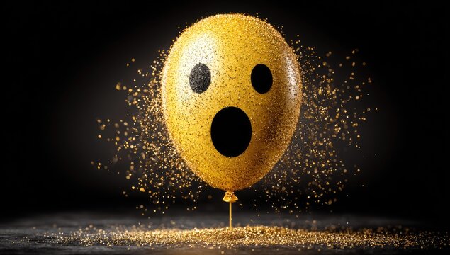 A golden balloon with a surprised face, exploding