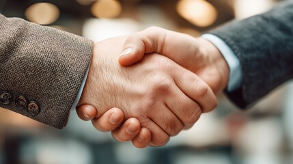 Close-Up Of Two Business Professionals Shaking Hands In Modern Office With Softly Blurred Background
