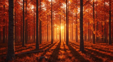 Fototapeta premium Autumn Sunset in Orange and Red Forest