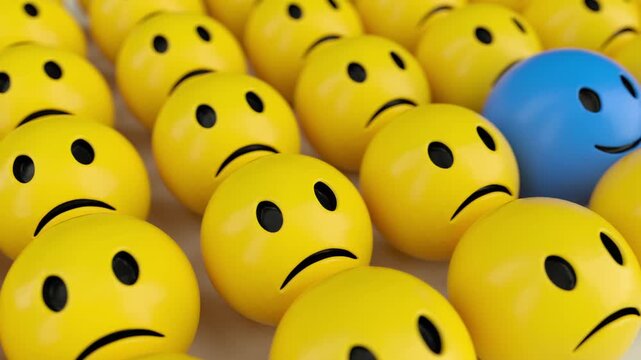 Emoticon Expression Contrast of Yellow Sad Faces and Unique Blue Happy Face, Showcasing Individuality, Positivity, and Emotion in Striking Pattern of Smiley and Sad Faces