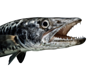 Close-up of a barracuda's head, showcasing its sharp teeth against a transparent background. background removed