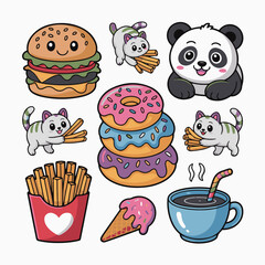 Cute Panda with Burger, Donuts, Coffee, and Fast Food Stickers – Kawaii Cartoon Vector
