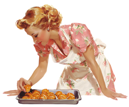 Vintage woman baking, adding a touch of love to golden pastries.