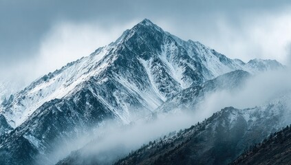 Snowy mountain peak shrouded in mist
