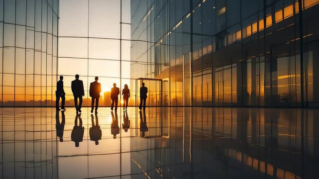 Group of business professionals standing inside modern glass building with golden sunset reflections creating corporate teamwork atmosphere scene