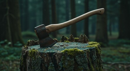 Rusty Axe on Mossy Tree Stump in Dark Forest