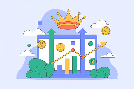 Flat Design Illustration of Financial Growth with Crown, Charts, Currency, and Plants finance business