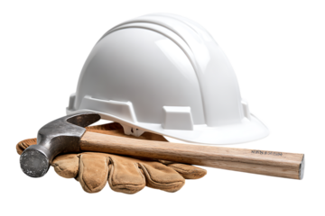 Hardhat, gloves, and hammer symbolize workplace safety and construction.