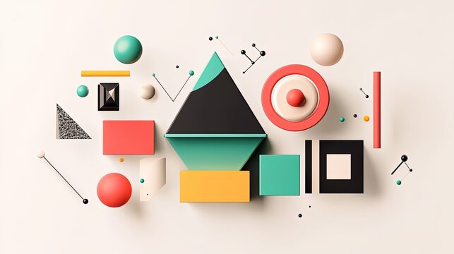 Creative math education concept showing 3D geometric shapes transforming into flat icons with bold outlines, vibrant colors, on a light gray background