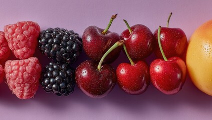 Row of fresh berries and cherries