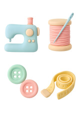 Sewing and DIY crafts clay pastel icons set isolated on transparent background sewing machine spool with needle buttons and measuring tape soft 3D style