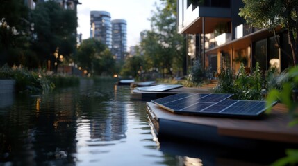 Sustainable urban living solar powered platforms on a waterway with city views reflecting renewable energy integration