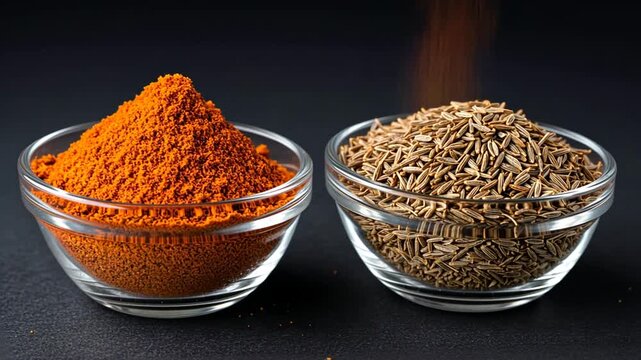 Spices in Glass Bowls: Chili Powder and Cumin