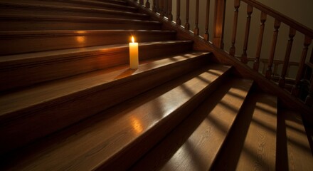 Single Candle on Wooden Staircase in Low Light