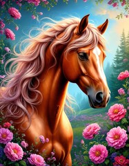 a horse stands in a field of flowers.