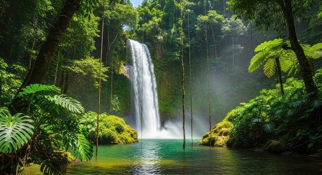 Majestic waterfall flowing into a clear blue pond in a vibrant tropical jungle.