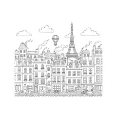 Paris Cityscape Coloring Page with Eiffel Tower. Cute cartoon illustration of French houses for kids' activity book.
