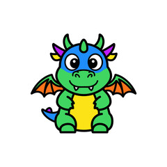 Cute Cartoon Dragon with Colorful Wings and Horns