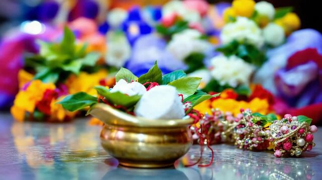 Sacred kalash pot with ritual offerings for durga maha ashtami navratri festival celebration and hindu devotion