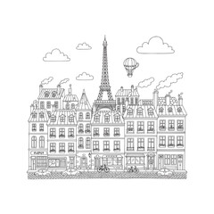 Fototapeta premium Paris Cityscape Coloring Page with Eiffel Tower. Cute cartoon illustration of French houses for kids' activity book. 
