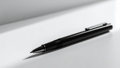 A sleek black pen placed diagonally on a clean white surface
