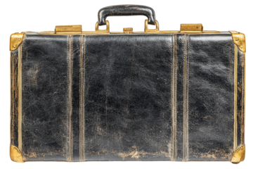 Vintage Black Leather Suitcase with Gold Accents on Transparent Background