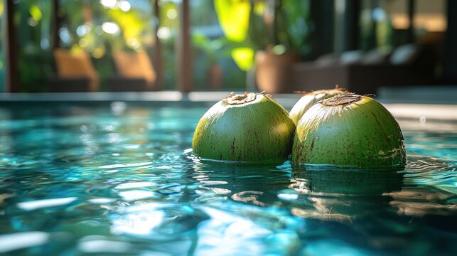 Coconuts float in a pool
