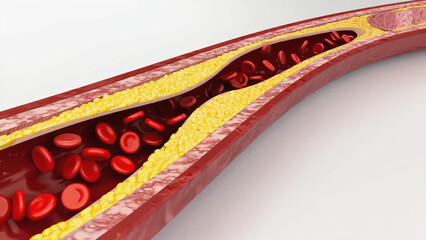 Atherosclerosis with cholesterol blood or plaque in vessel cause of coronary artery disease