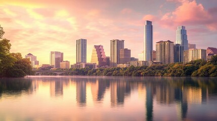 Fototapeta premium Vibrant sunset over Austin skyline reflecting in the still waters of Lady Bird Lake with colorful clouds in the background