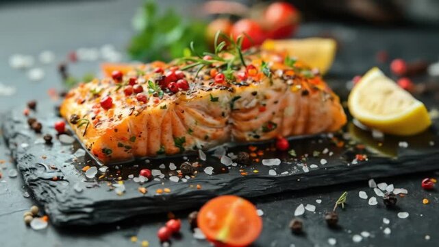 Tasty grilled salmon steak with spices, lemon slices, and cherry tomatoes on slate plate. Healthy seafood dish, culinary and gourmet food background