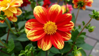 Striped Red and Yellow Dahlia Flower Closeup.