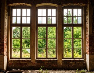 Fototapeta premium Aged brick walls with large windows overlooking trees