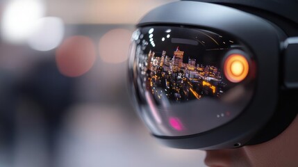 Immersive virtual reality headset reflecting a vibrant cityscape at nighttime experience
