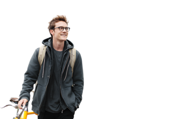 Smiling man with his bicycle and backpack, representing urban commuting and sustainable lifestyle.