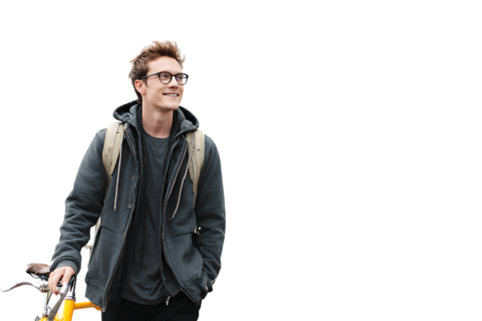Smiling man with his bicycle and backpack, representing urban commuting and sustainable lifestyle. - Powered by Adobe