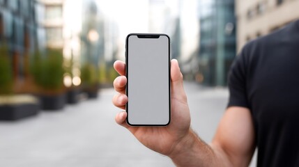 “POV Shot of Woman Holding Smartphone with Blank Screen in Urban Setting – Digital Marketing Mockup”
