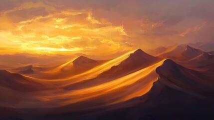 Naklejka premium Desert dunes illuminated by the golden hues of sunrise against a dramatic sky filled with clouds and warm colors