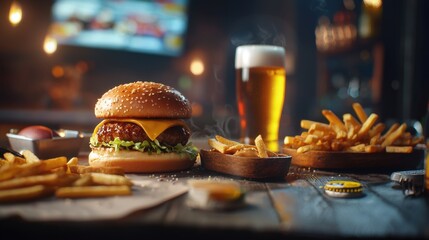 Delicious burger with crispy fries and refreshing beer served in a cozy bar during the evening
