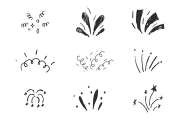 Fototapeta premium Confetti spark firework burst comic explosion sketch hand drawn. Doodle line spark party celebration. Radial japan minimal set.
