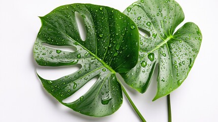 Obraz premium Glorious green leaves with water drops shining in the sunlight against a simple background, showcasing nature's beauty and freshness after rain