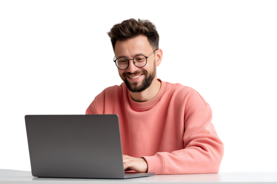 Smiling man working remotely or studying online.
