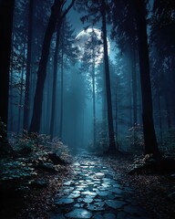 Naklejka premium Dark forest with full moon on Halloween night