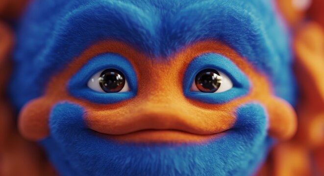 Closeup of a Whimsical Blue and Orange Abstract Face with Expressive Eyes