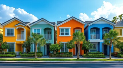Colorful houses in a row under a bright sky